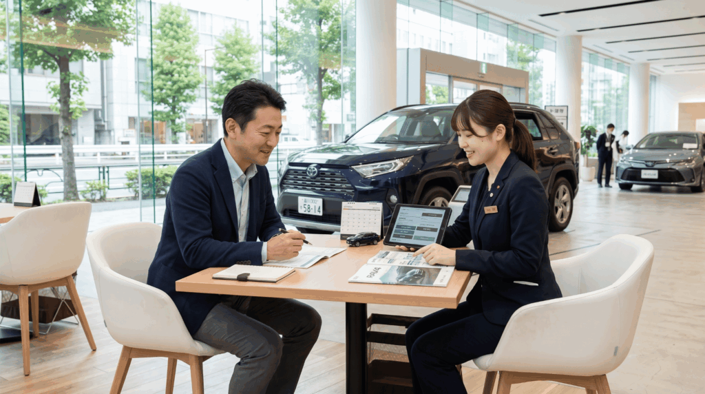 トヨタ販売店の商談デスクで新型RAV4の納期枠や見積もりを比較確認する日本人男性