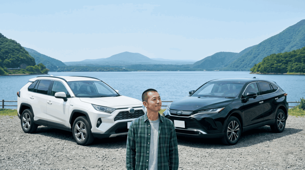 自然を背景に並ぶトヨタRAV4とハリアーの外観比較と悩む日本人男性