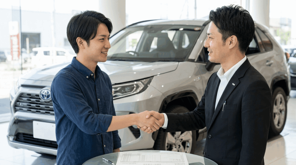 自動車ディーラーで納得のいく最終条件がまとまり、男性顧客と男性担当者が堅い握手を交わす成約シーン