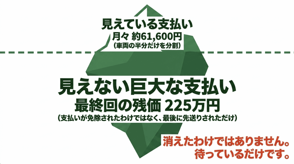 RAV4の残クレでは月額を抑えても最終回に大きな残価が残る仕組みを示した図