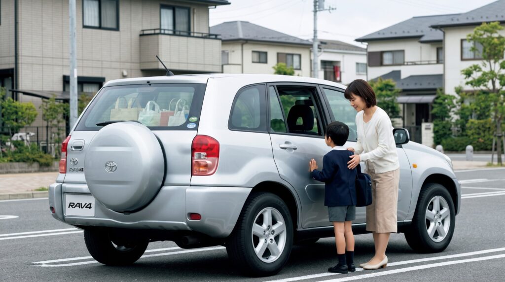 2000年代初頭の日本の住宅地で、幼稚園児を後席に乗せる母親と、シルバーの2代目RAV4 5ドアモデル。