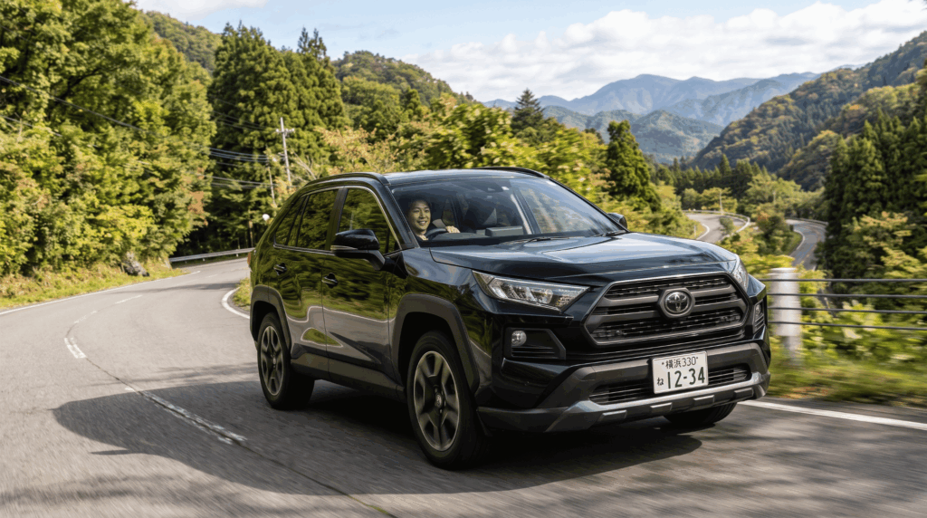 日本の山道を走るブラックマイカのRAV4と運転する日本人男性