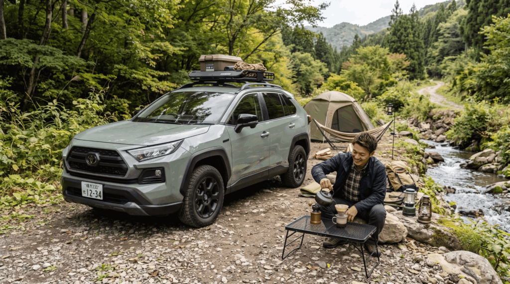 森のキャンプ場でコーヒーを淹れる若い日本人男性とEverestグリーンRAV4
