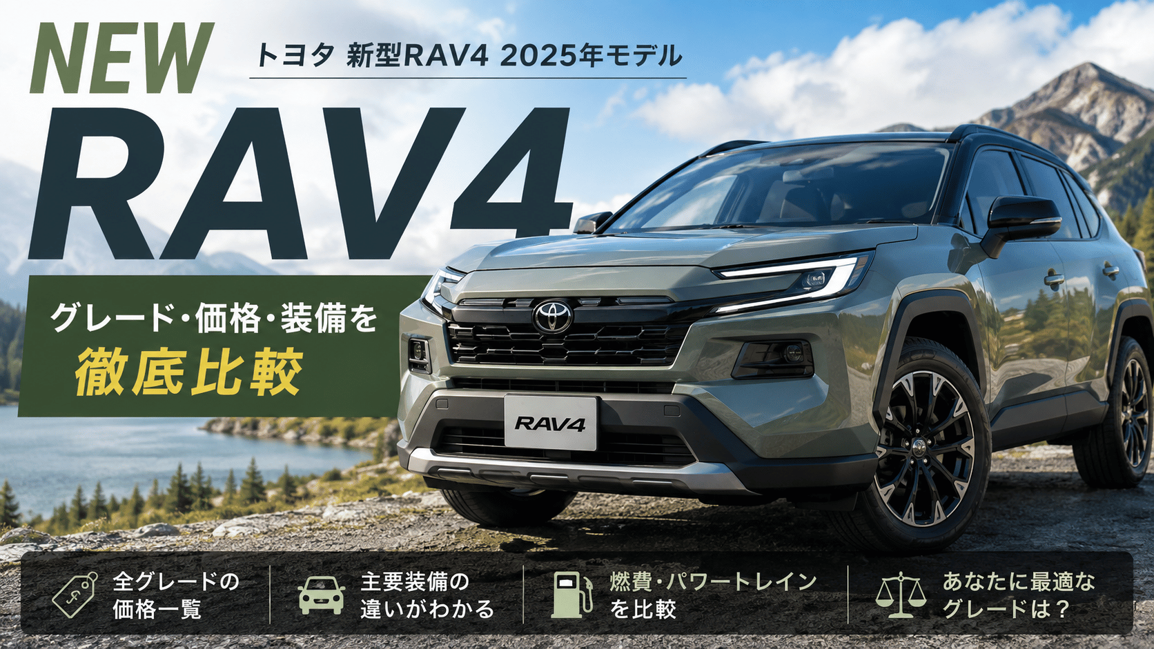 新型RAV4の価格・グレード・主要装備・燃費・パワートレインを比較するアイキャッチ画像