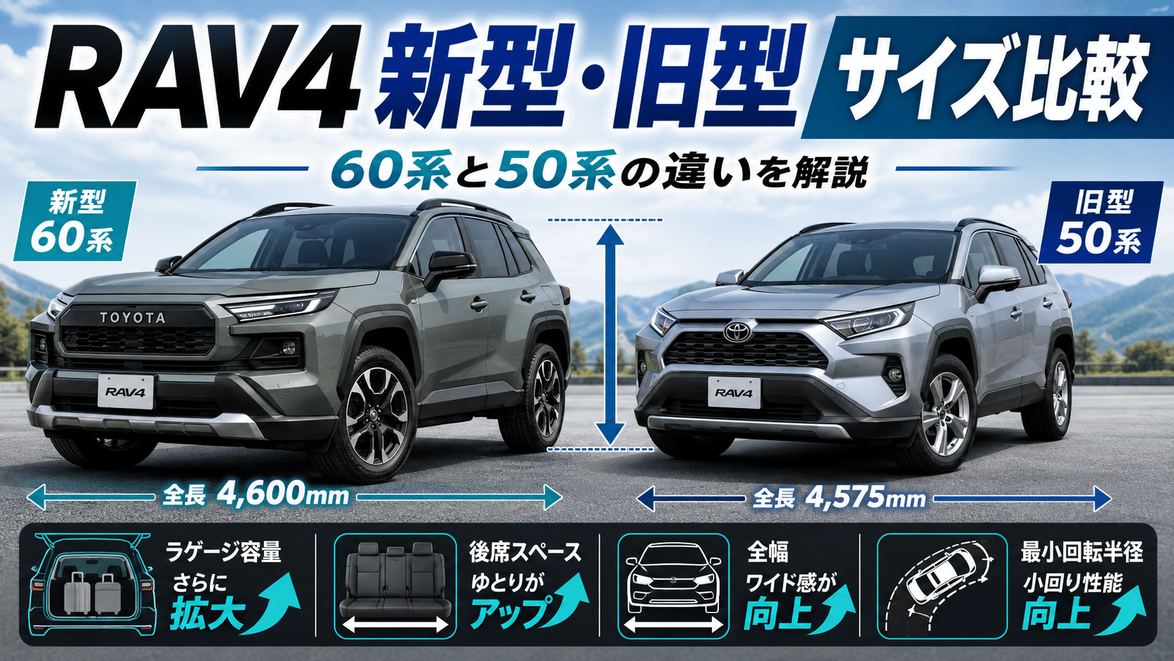 RAV4新型60系と旧型50系を並べてボディサイズや荷室、後席、取り回しの違いを比較したイメージ