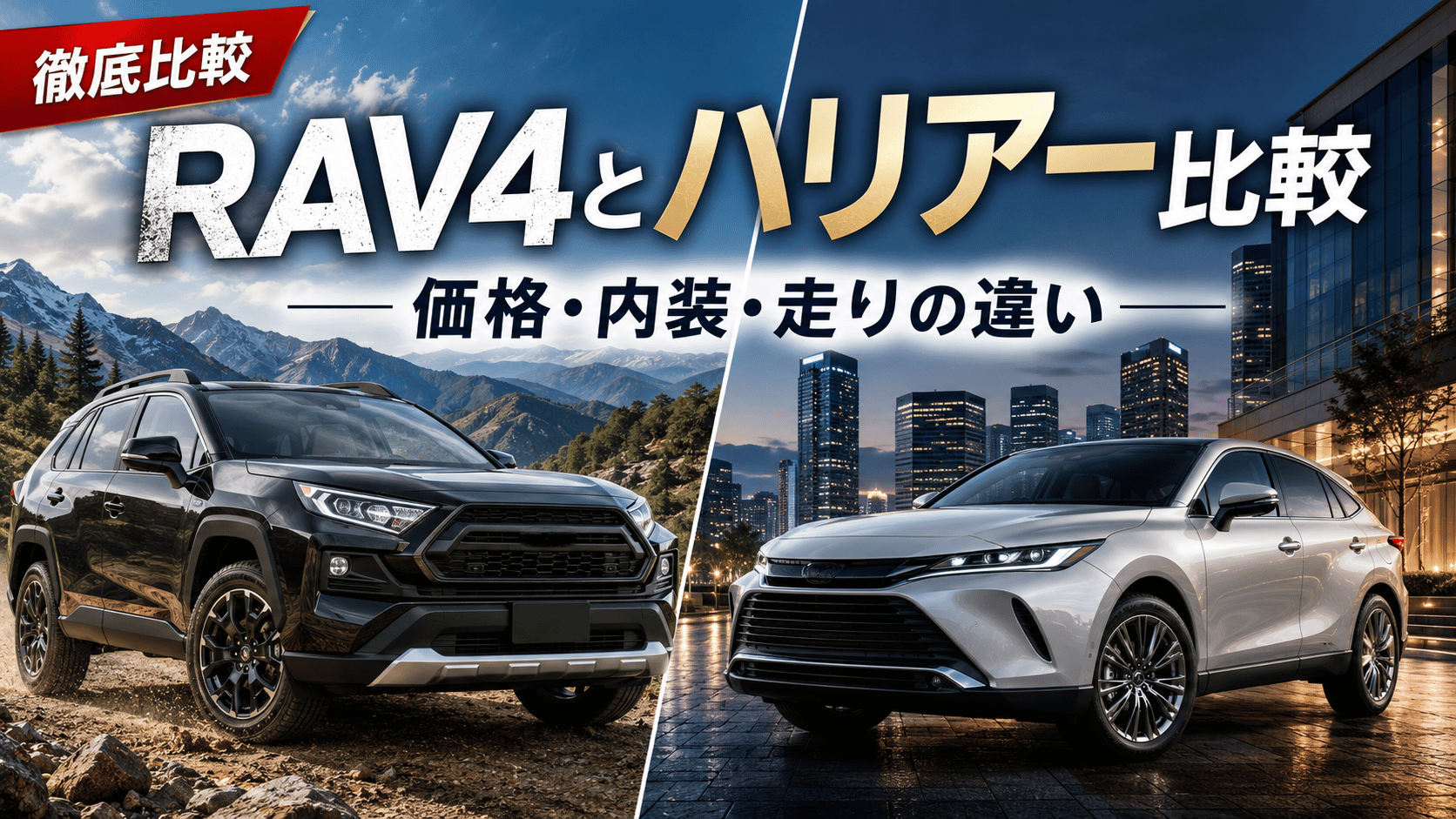 RAV4とハリアーを比較したアイキャッチ画像。価格・内装・走りの違いを解説