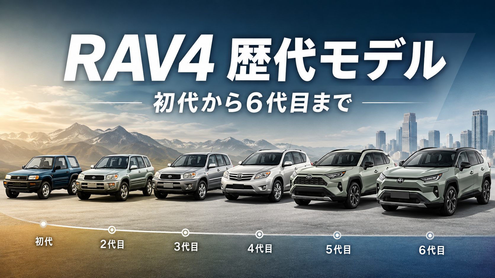 RAV4の歴代モデルを初代から6代目まで並べてデザインやサイズの進化を表したイメージ