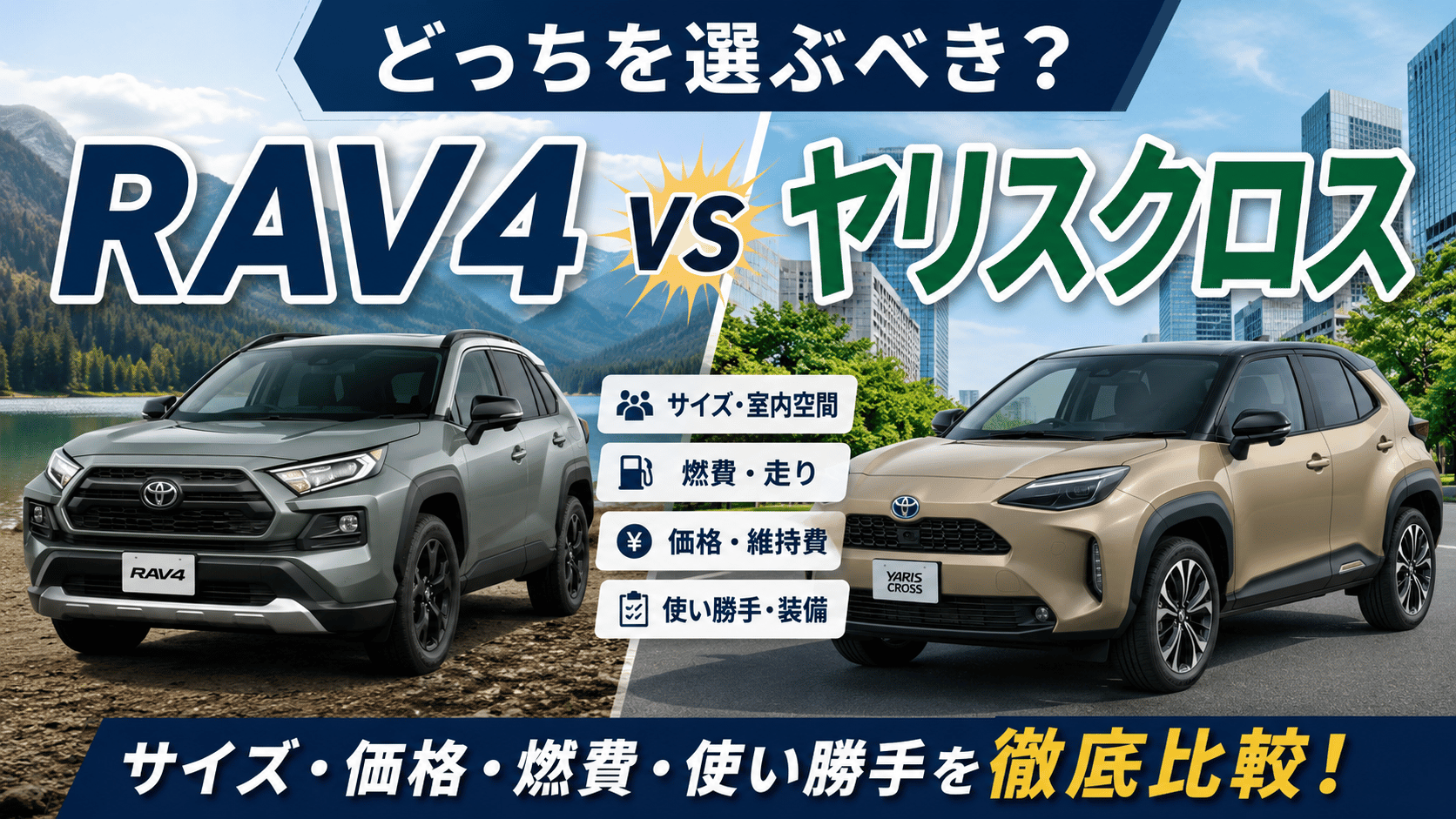 RAV4とヤリスクロスの大きさ・価格・燃費・使い勝手を比較したイメージ